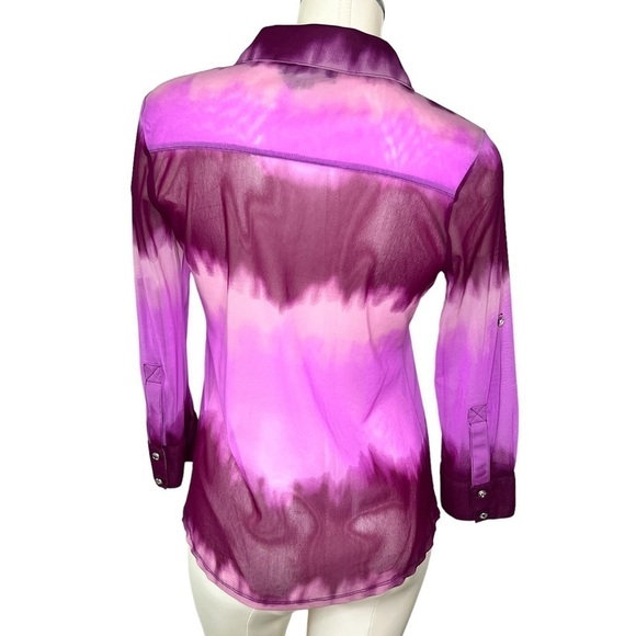 INC International Concepts Sheer Purple Tie Dye Rhinestone Button Top Women M - Picture 2 of 13